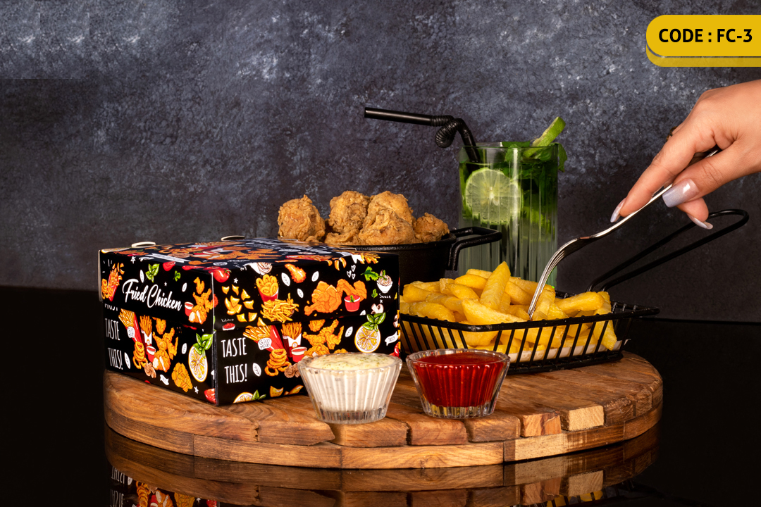 ثبت سفارش چاپ محصولات فست فود و کافی شاپ + راهنمای طراحی 5 جعبه سوخاری سفره ای